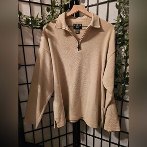 Tan Quarter Zip Up Sweater with Relaxed Fit and Soft Knit Fabric
